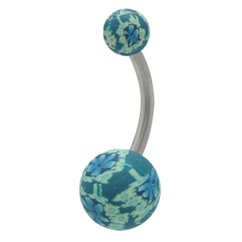 Surgical Steel 14 Gauge Belly Ring with Blue Green Flower Ball
