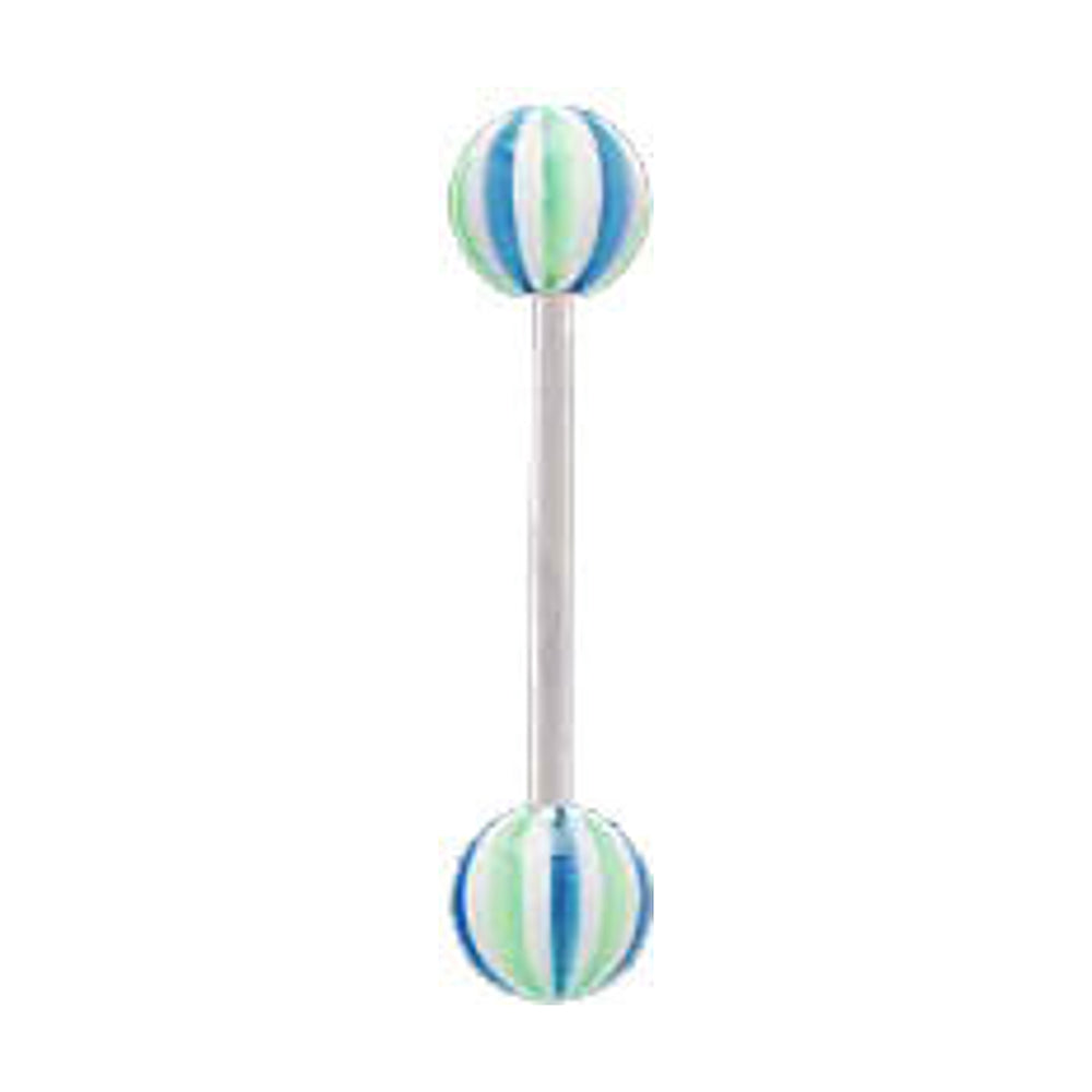 Surgical Steel 14 Gauge Barbell with Blue Green Stripe UV Beads