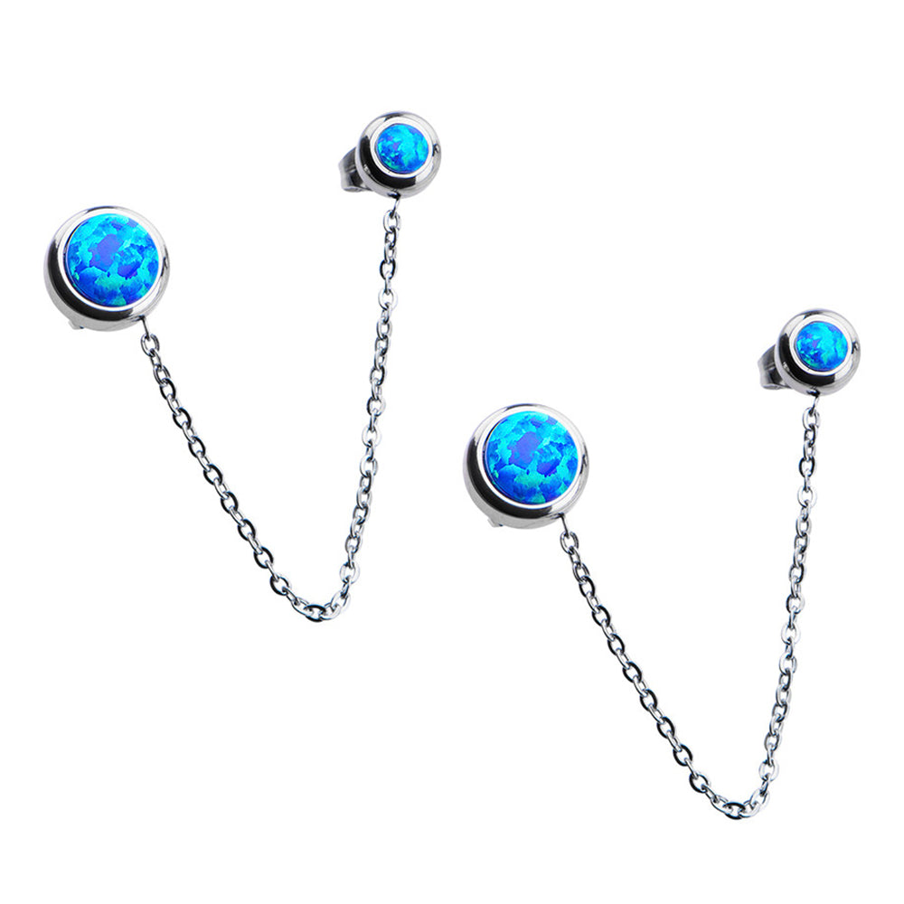 Surgical Steel Blue Opal Double Stud Chain Earrings - Pair