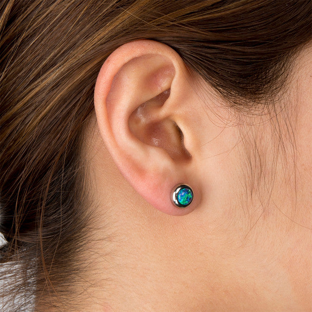 Surgical Steel Bezel Set Blue Opal Stud Earrings - Pair - photo 2