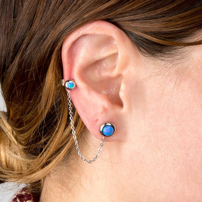 Surgical Steel Blue Opal Double Stud Chain Earrings - Pair - photo 2