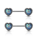 Surgical Steel 14G Glitter Opal Antique Heart Nipple Barbell - Pair