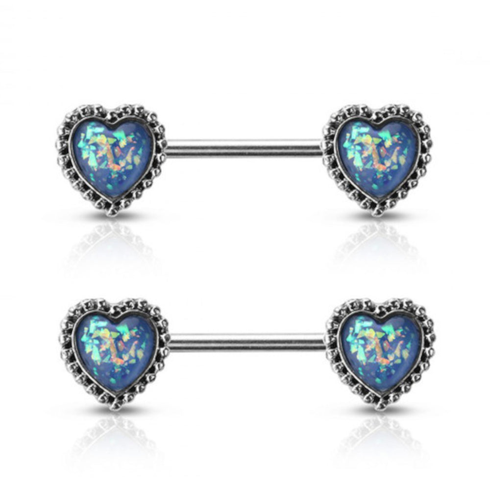 Surgical Steel 14G Glitter Opal Antique Heart Nipple Barbell - Pair
