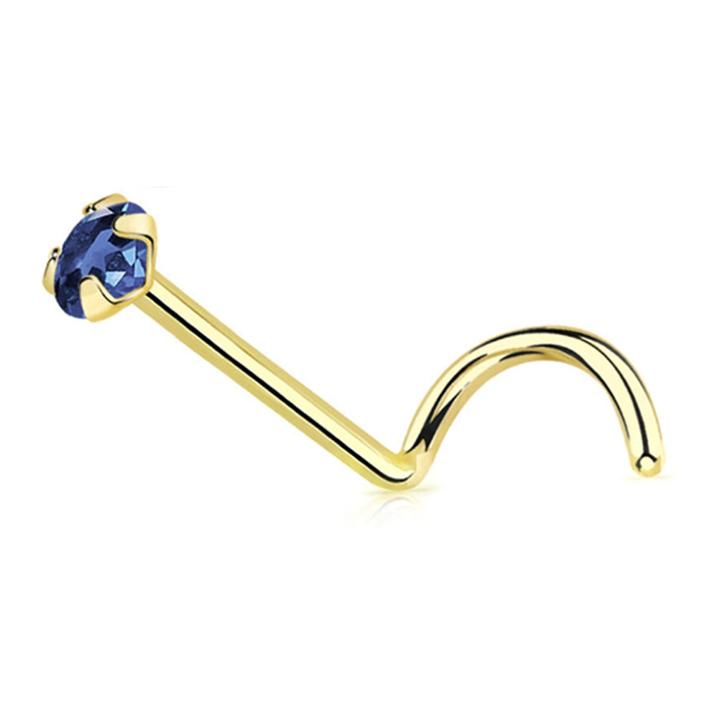 14 Karat Solid Gold 22 Gauge Nose Ring Screw with CZ Gem