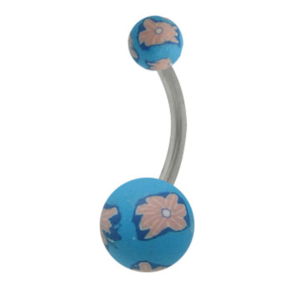 Surgical Steel 14 Gauge Belly Ring with Blue Silicone Flower Ball