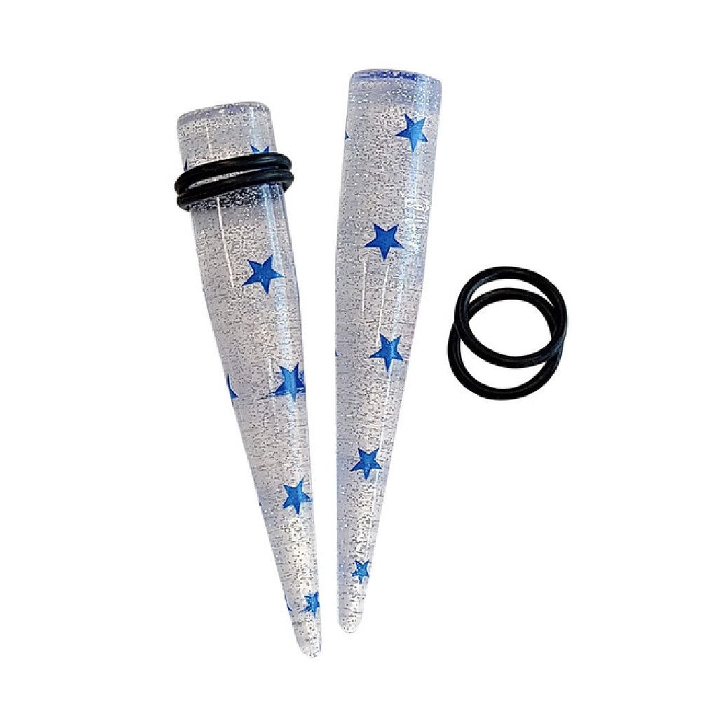 Acrylic 6G to 1/2" Blue Star Glitter Clear Ear Tapers Kit - 12 Pack