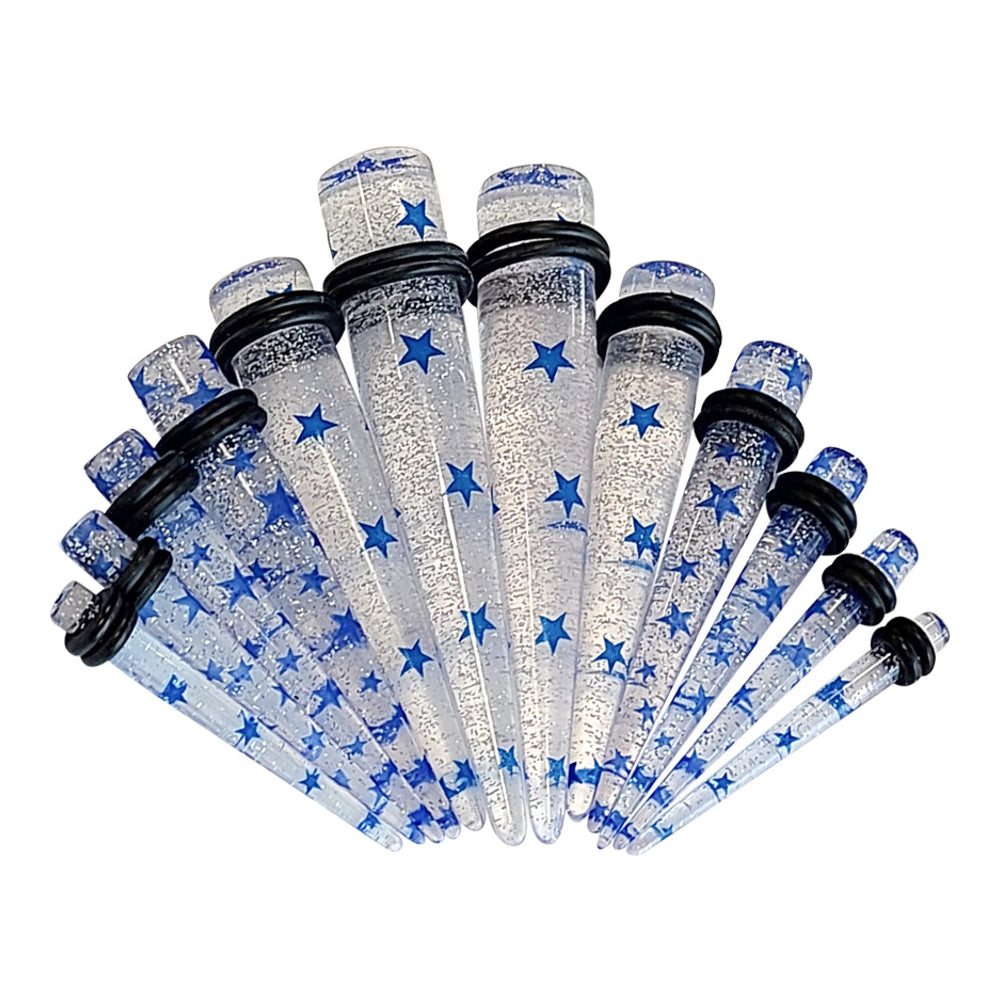 Acrylic 6G to 1/2" Blue Star Glitter Clear Ear Tapers Kit - 12 Pack