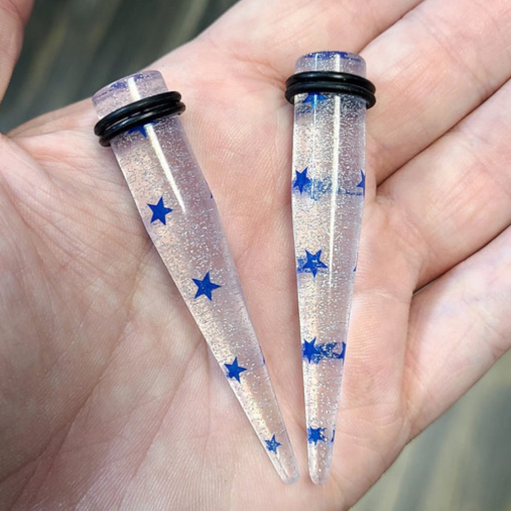 Acrylic 6G to 1/2" Blue Star Glitter Clear Ear Tapers Kit - 12 Pack