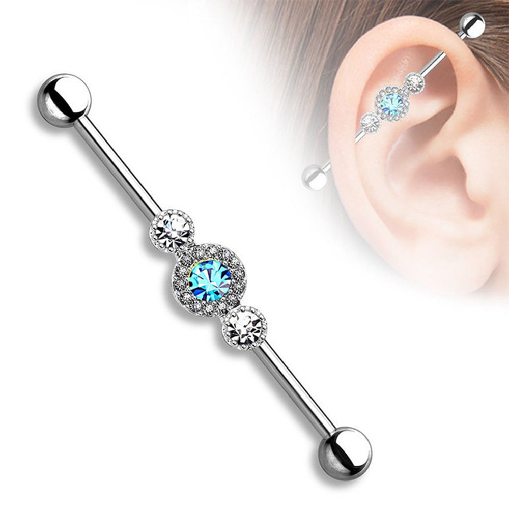 Surgical Steel 14 Gauge Industrial Barbell with Paved Triple CZ - photo 4