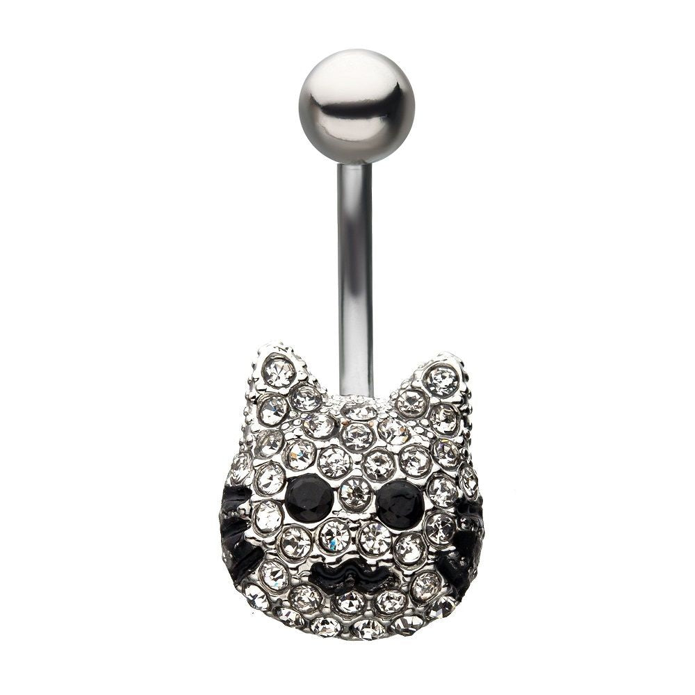 Surgical Steel 14 Gauge Belly Ring with Cat Head and Black CZ
