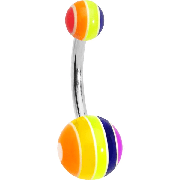 Surgical Steel 14 Gauge Belly Ring with UV Rainbow Stripe Beads