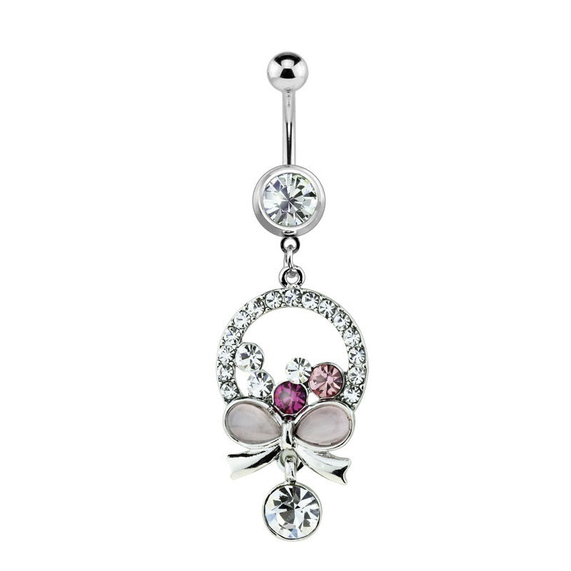 Surgical Steel 14 Gauge Belly Ring with Pink & Purple CZ Bow