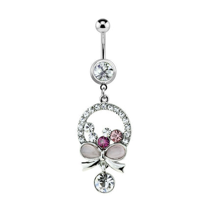 Surgical Steel 14 Gauge Belly Ring with Pink & Purple CZ Bow