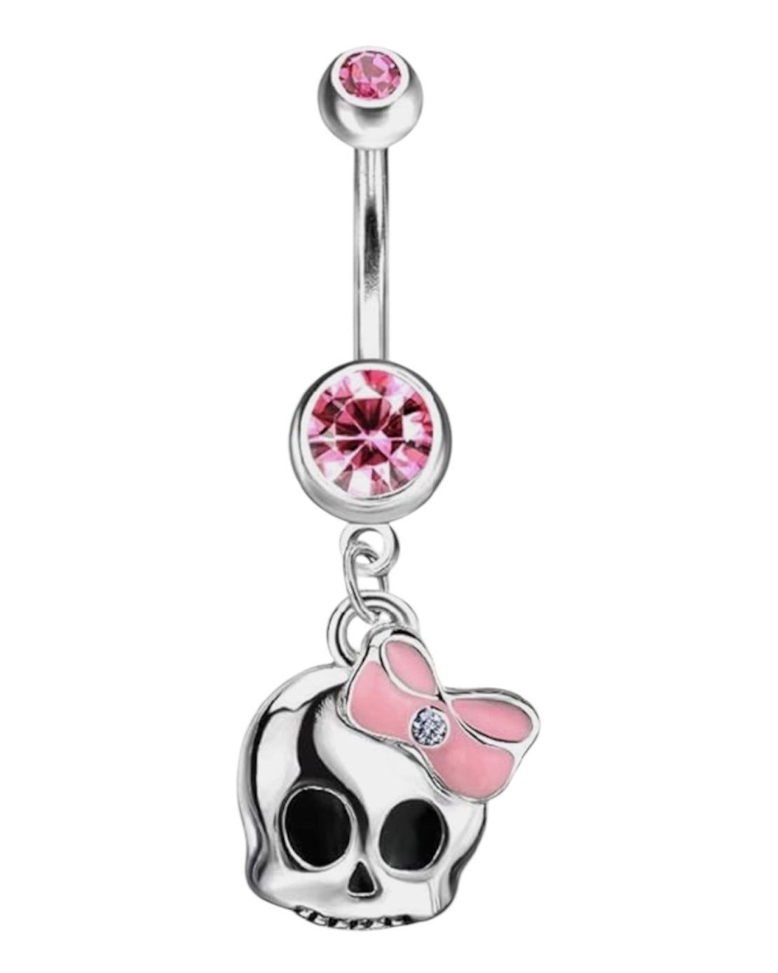 Surgical Steel 14 Gauge Dangle Belly Ring with Pink Bow Skull CZ