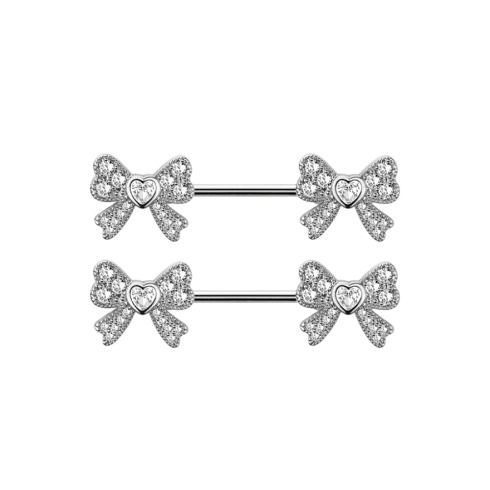 Surgical steel ribbon heart CZ nipple barbells
