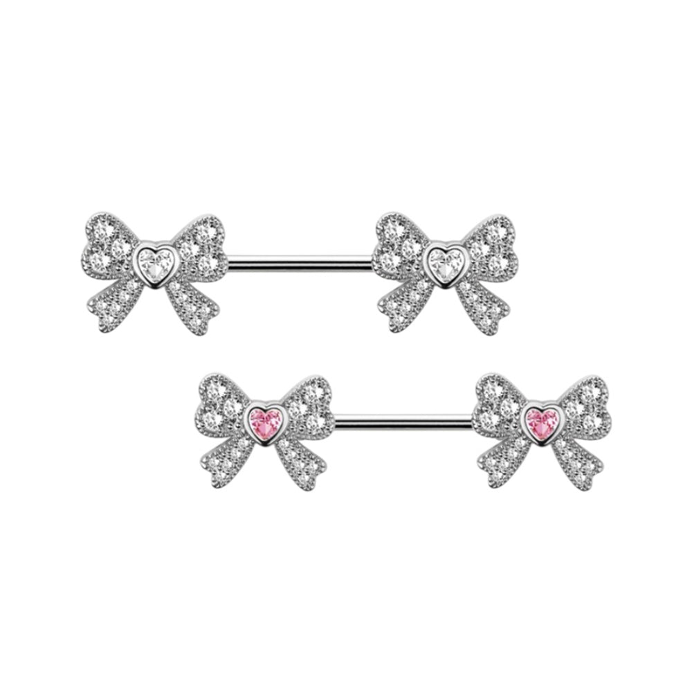 Surgical steel ribbon heart CZ nipple barbells