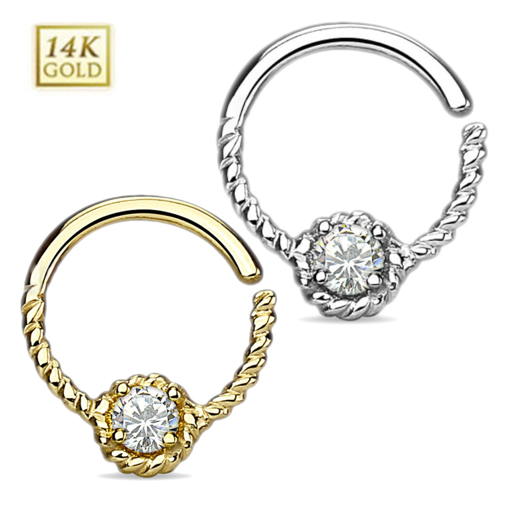 14K Solid Gold 16 Gauge Bendable Septum Hoop with Braided CZ
