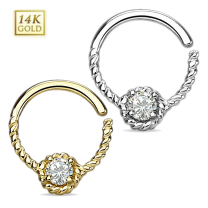 14K Solid Gold 16 Gauge Bendable Septum Hoop with Braided CZ