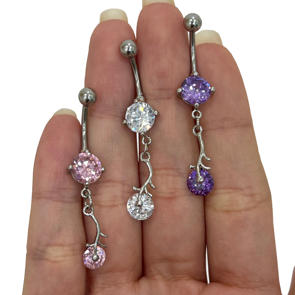 Surgical Steel 14 Gauge Belly Ring with CZ Dangling Branch Leaf