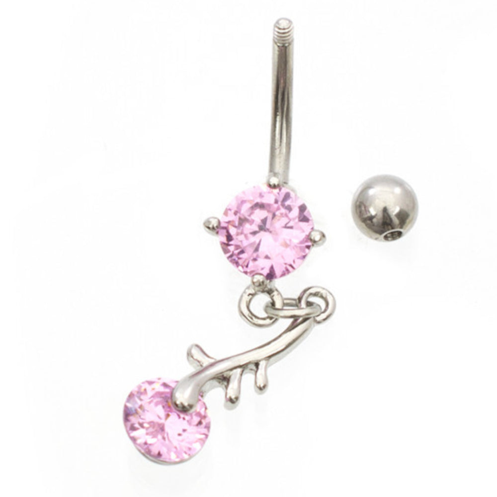 Surgical Steel 14 Gauge Belly Ring with CZ Dangling Branch Leaf - photo 2