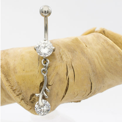 Surgical Steel 14 Gauge Belly Ring with CZ Dangling Branch Leaf - photo 3