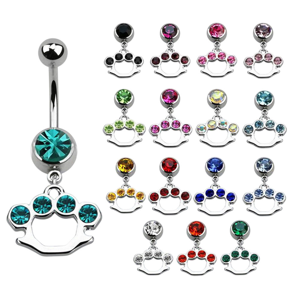 Surgical Steel 14 Gauge Belly Ring with CZ Dangle Brass Knuckles