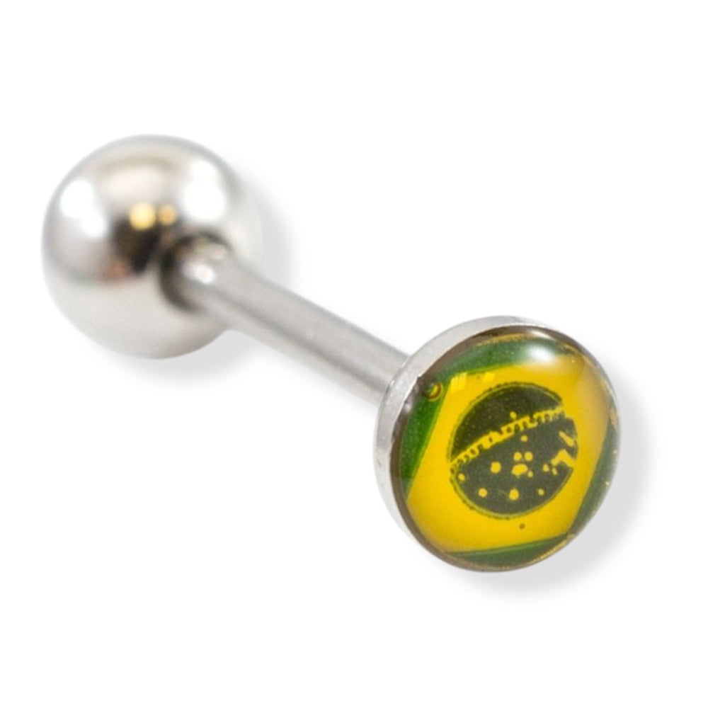 Surgical Steel Tongue Barbell 14 Gauge 15mm with Brazil Flag Logo Top