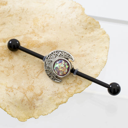 Surgical Steel Industrial Barbell 14 Gauge 38 MM & Crescent Moon Opal