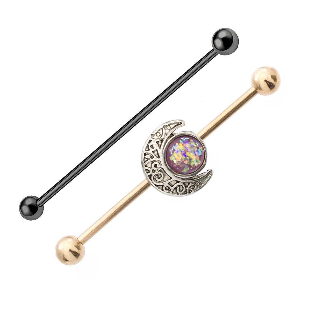 Surgical Steel Industrial Barbell 14 Gauge 38 MM & Crescent Moon Opal