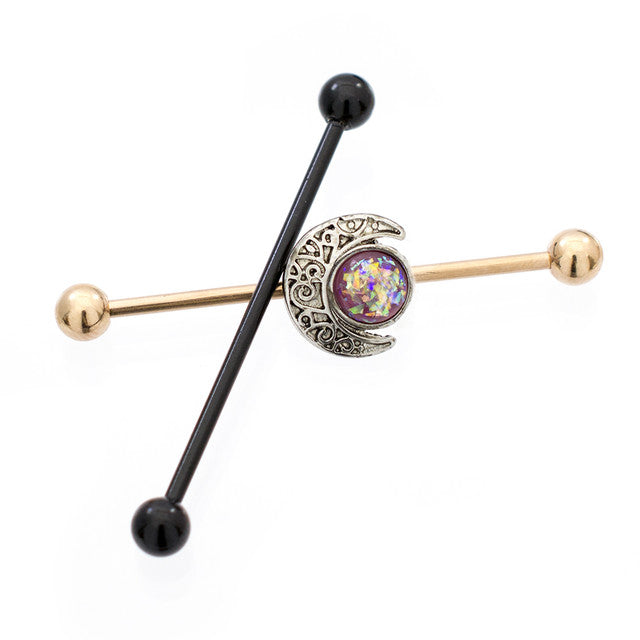 Surgical Steel Industrial Barbell 14 Gauge 38 MM & Crescent Moon Opal