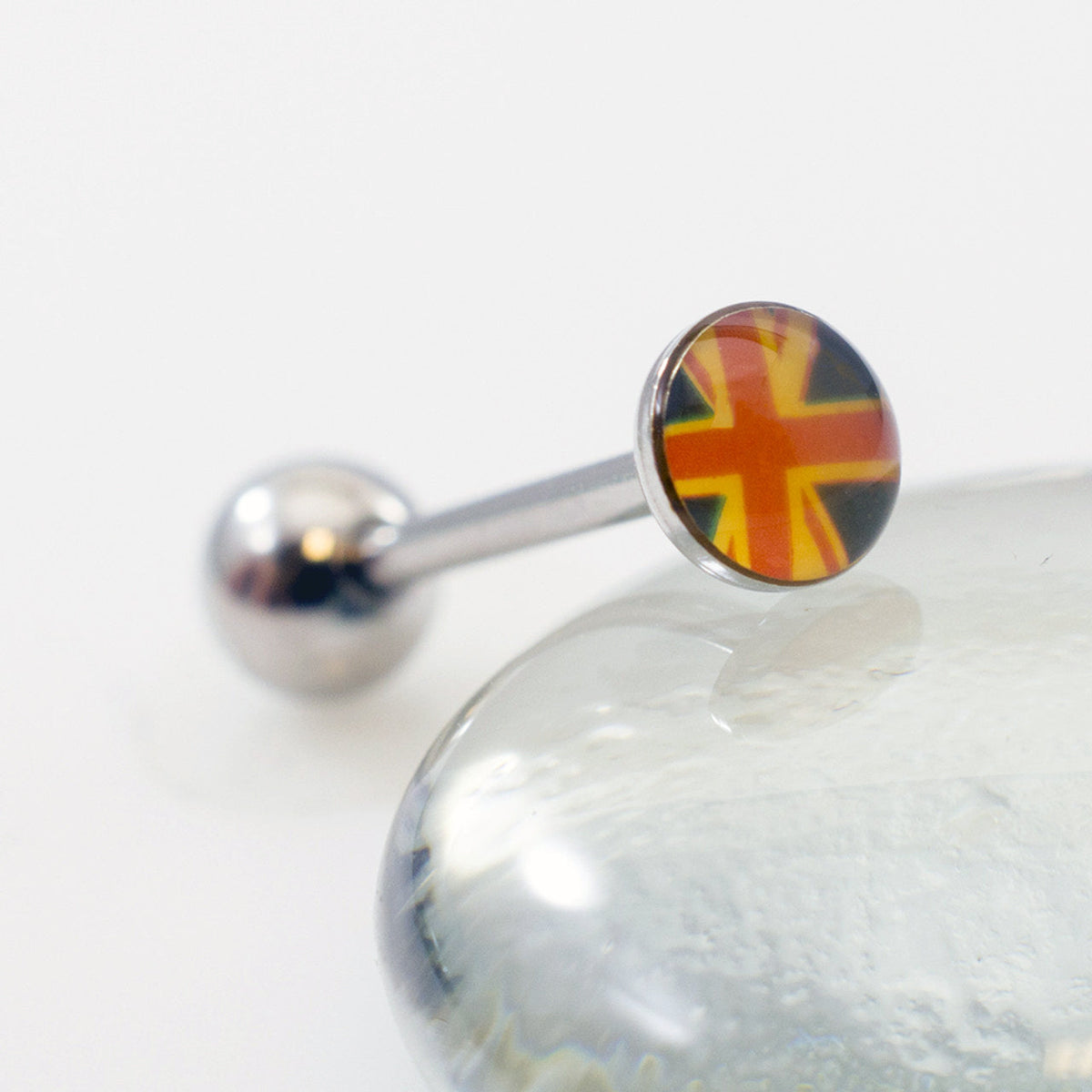 Surgical Steel Tongue Ring Straight Barbell 14 Gauge British Flag Logo - Kruelty - Photo 2
