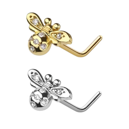 Surgical Steel L Shaped Nose Stud 20G 6mm with CZ Bumble Bee