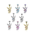 Surgical Steel 14 Gauge Belly Ring with Playboy Bunny & CZ