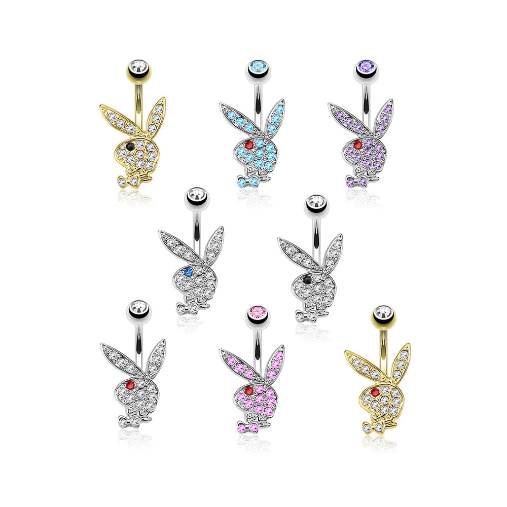 Surgical Steel 14 Gauge Belly Ring with Playboy Bunny & CZ