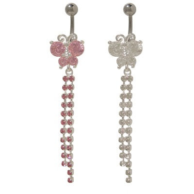 Surgical Steel 14 Gauge Belly Ring with Rhodium Butterfly CZ Dangle