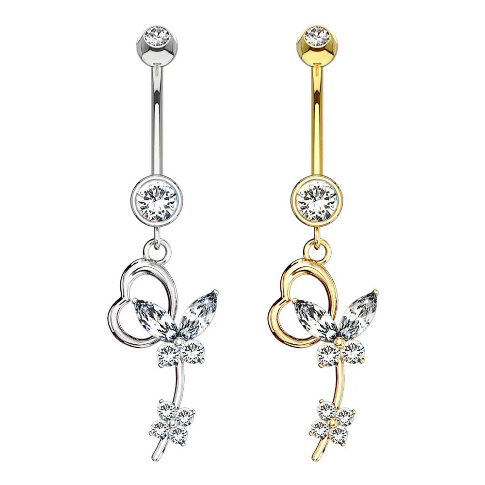 14K Solid Gold 14 Gauge Belly Ring with Flower Crystal CZ Butterfly