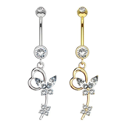 14K Solid Gold 14 Gauge Belly Ring with Flower Crystal CZ Butterfly