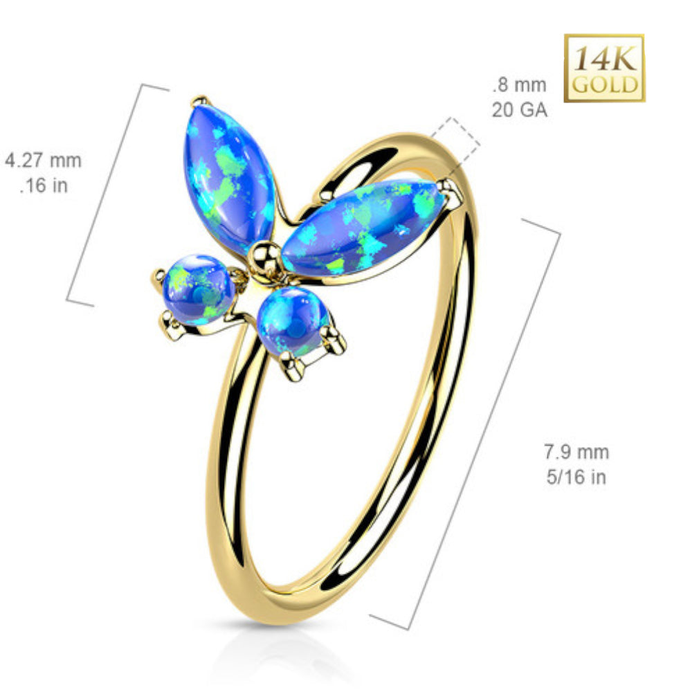 14K Solid Gold 20 Gauge Bendable Nose Ring with CZ Opal Butterfly - photo 2
