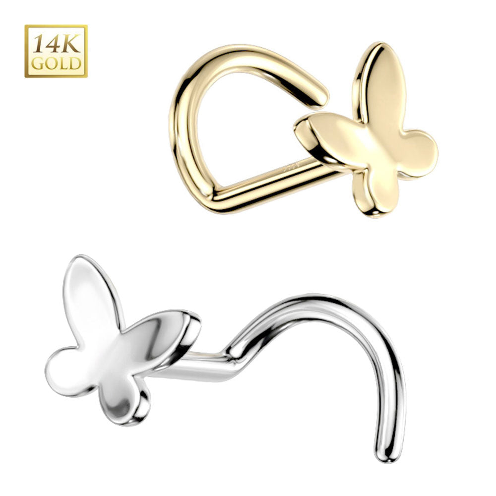 14 Karat Solid Gold 20 Gauge Nose Ring Butterfly Corkscrew