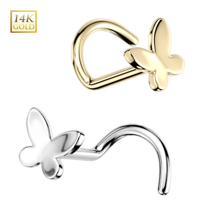 14 Karat Solid Gold 20 Gauge Nose Ring Butterfly Corkscrew