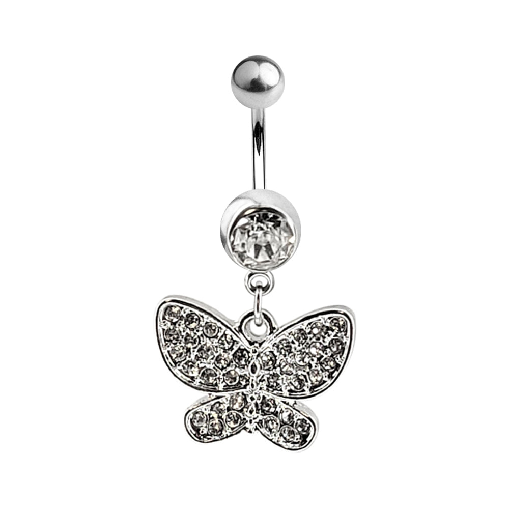 Surgical Steel 14 Gauge Belly Ring with CZ Dangling Butterfly