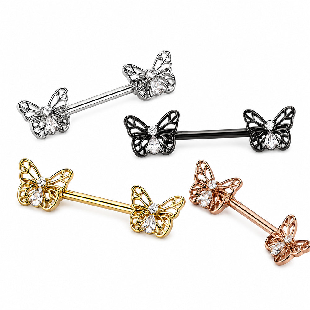 Surgical Steel 14 Gauge Nipple Barbell with CZ Butterfly - Pair