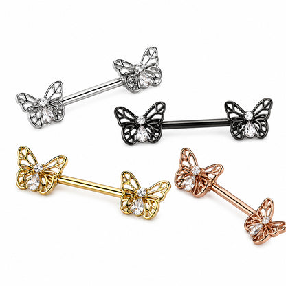 Surgical Steel 14 Gauge Nipple Barbell with CZ Butterfly - Pair