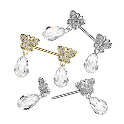 Surgical Steel Nipple Barbell 14G 12mm with Butterfly CZ - Pair