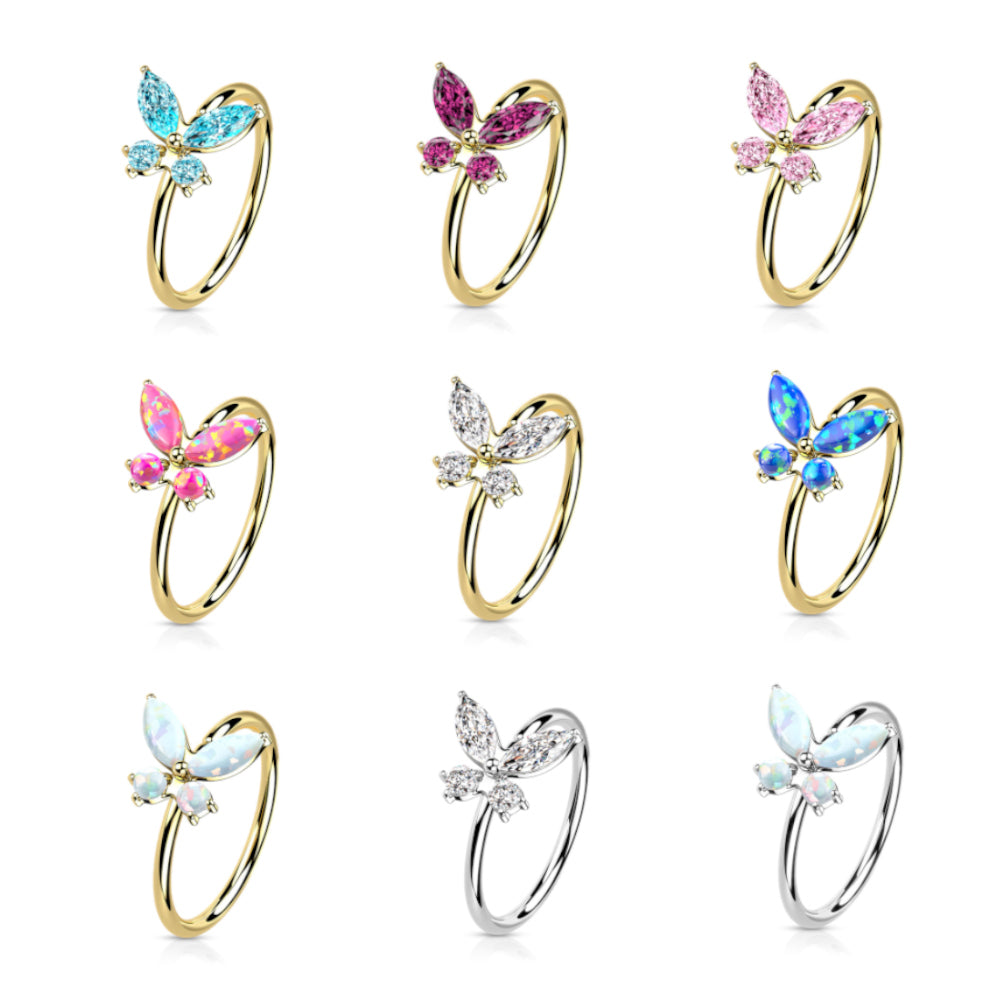 14K Solid Gold 20 Gauge Bendable Nose Ring with CZ Opal Butterfly
