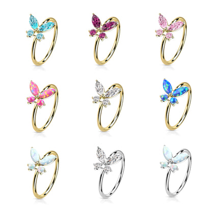 14K Solid Gold 20 Gauge Bendable Nose Ring with CZ Opal Butterfly