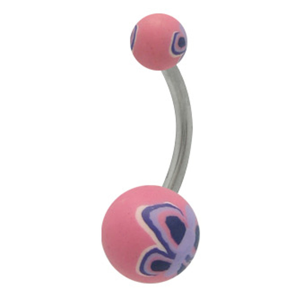 Surgical Steel 14 Gauge Pink Belly Ring with Butterfly Silicone Ball