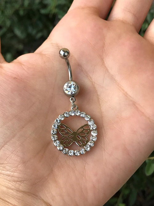 Surgical Steel 14 Gauge Belly Ring with Butterfly CZ Dangle - photo 2