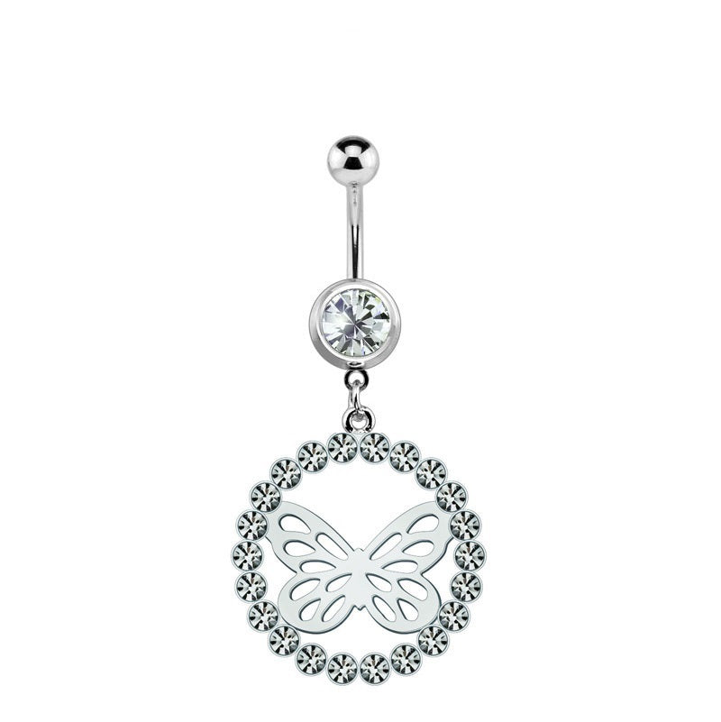 Surgical Steel 14 Gauge Belly Ring with Butterfly CZ Dangle
