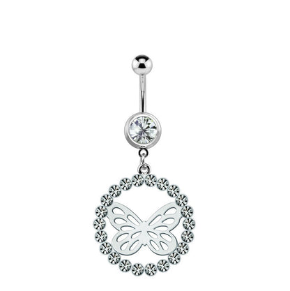 Surgical Steel 14 Gauge Belly Ring with Butterfly CZ Dangle